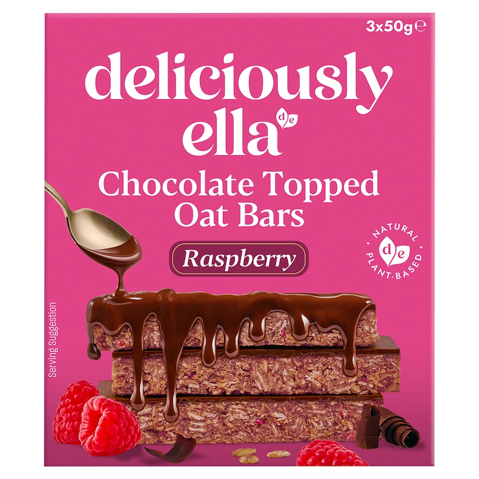 Deliciously Ella Chocolate Topped Raspberry Oat Bars 3 x 50g