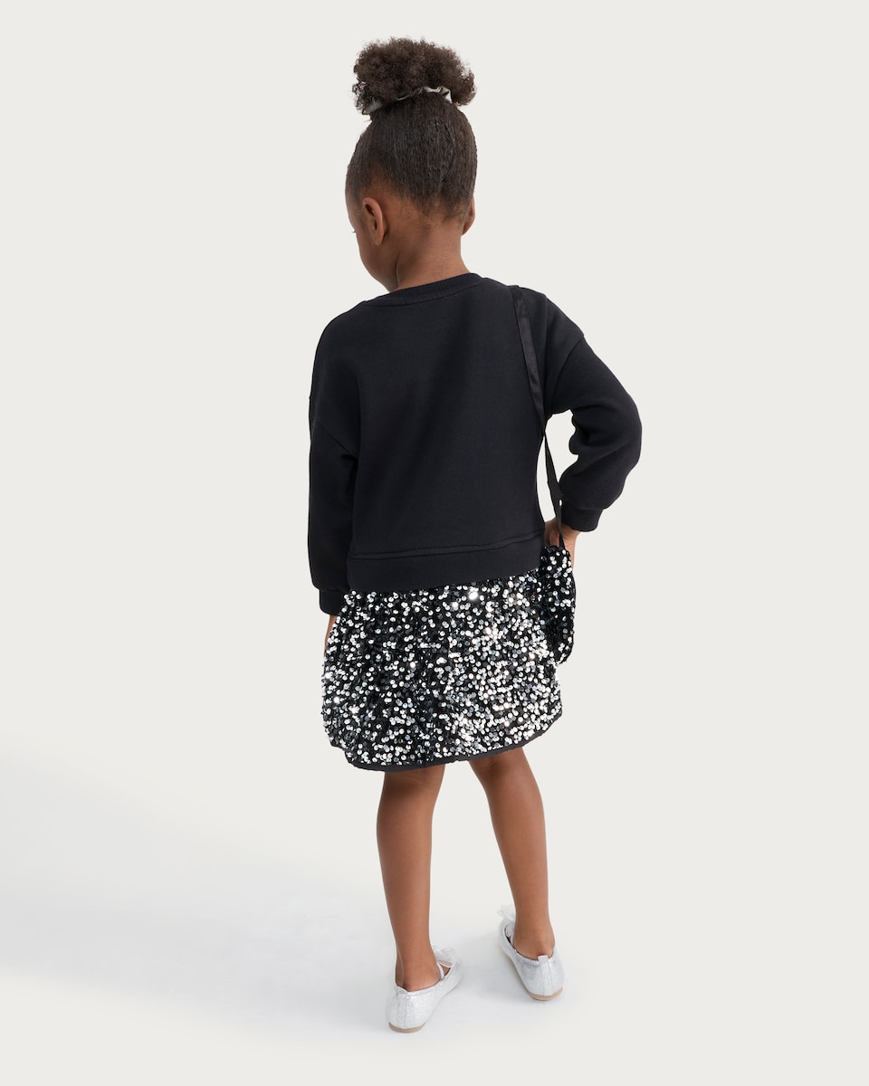 image 1 of F&F Girls Sequin Bow Dress and Matching Bag Set in Black