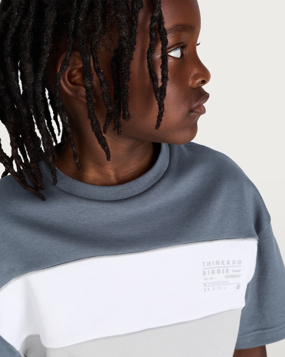 image 1 of F&F Boys Pure Cotton Colour Block Slogan T-Shirt in Grey