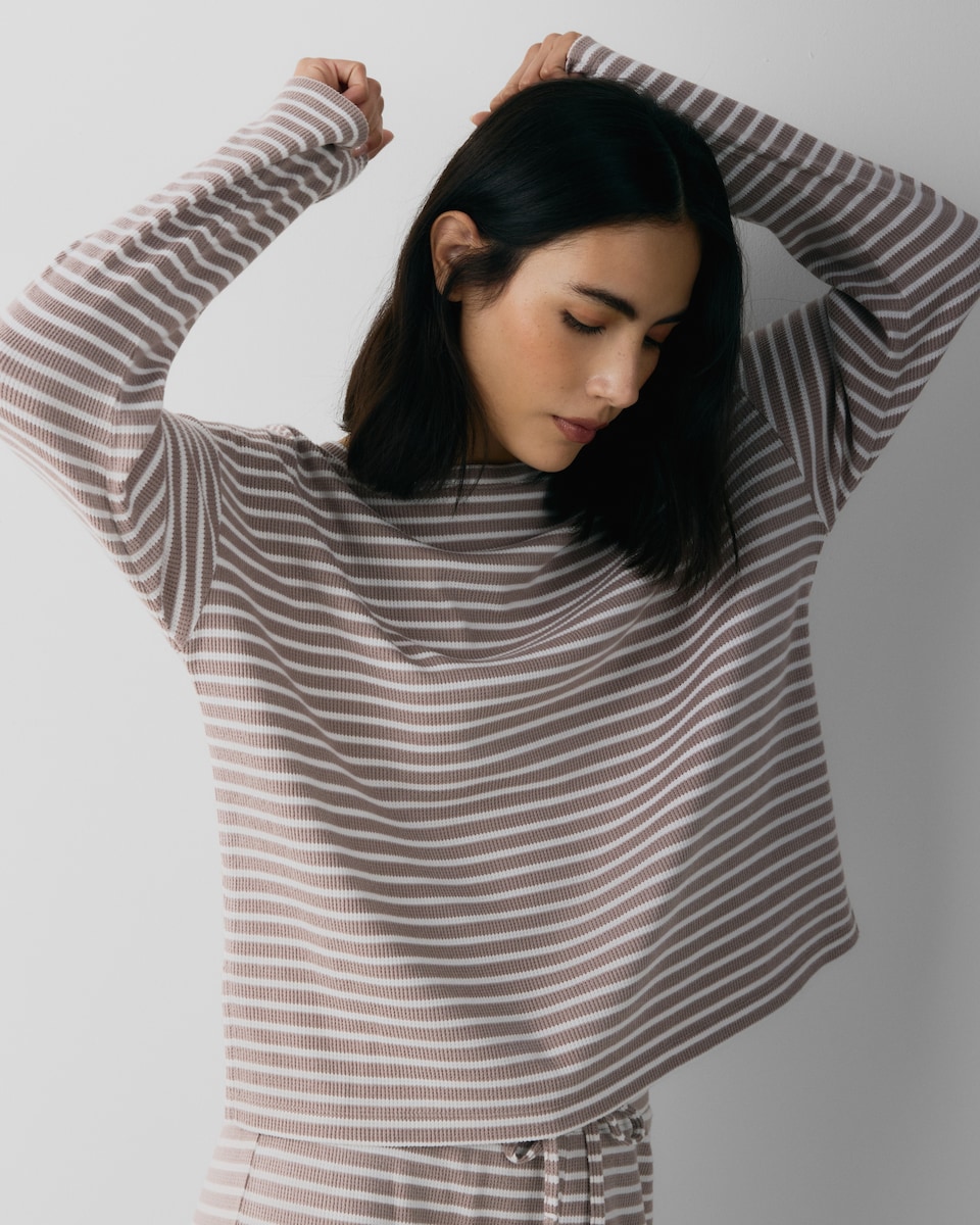 image 1 of F&F Waffle Textured Striped Pyjama Set in Neutral