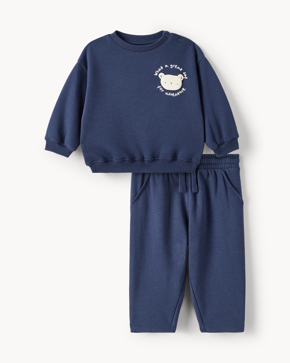 image 1 of F&F Baby Cotton Rich Bear Sweatshirt and Joggers Set in Navy