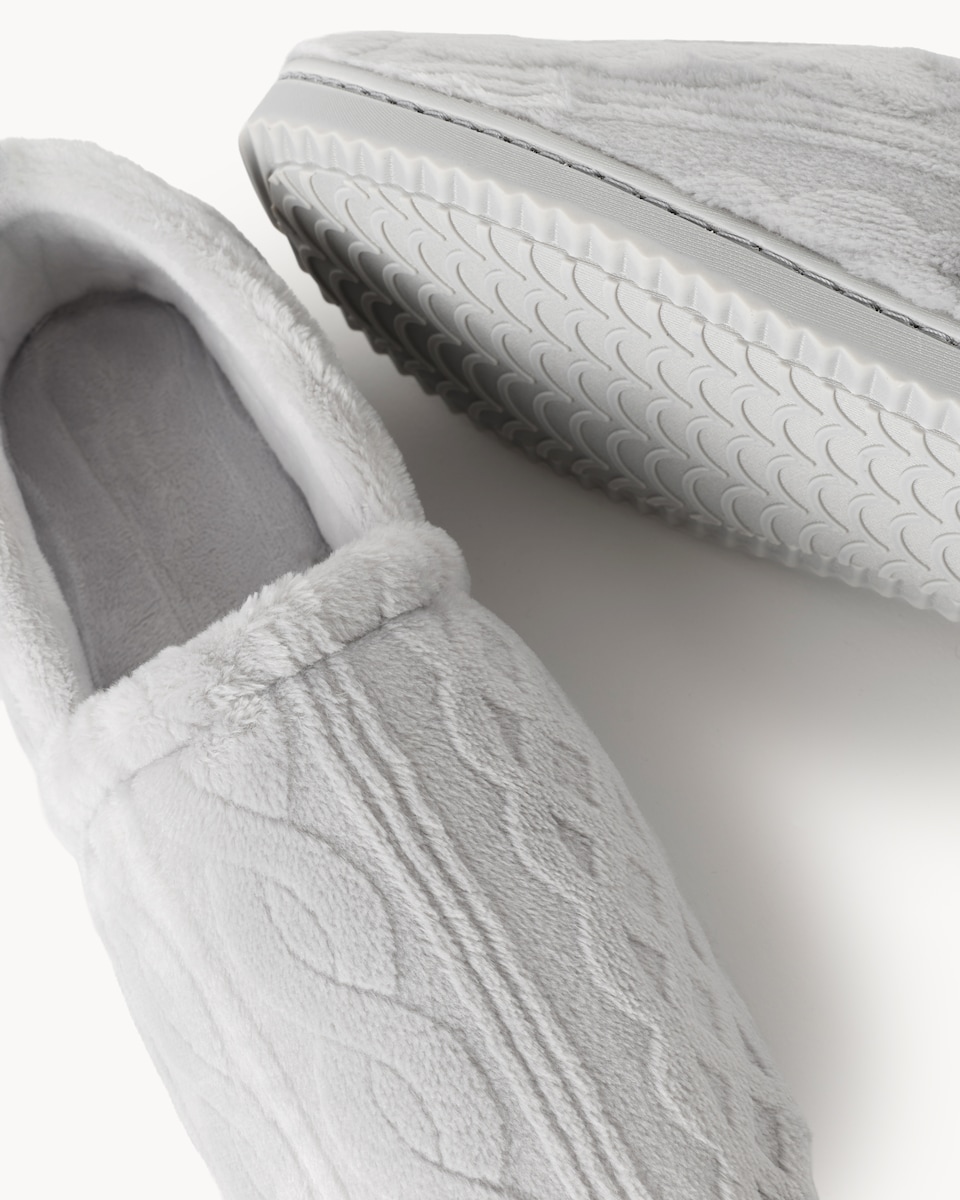 image 1 of F&F Fleece Lined Cable Knit Slippers in Grey