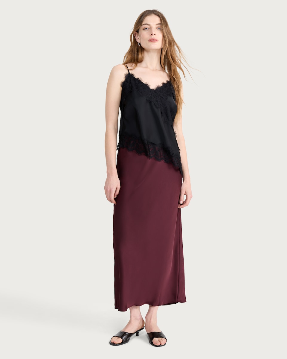 image 1 of F&F Satin Midi Slip Skirt in Burgundy