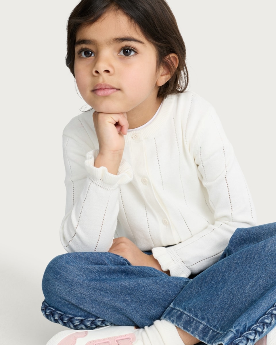 image 1 of F&F Girls Pure Cotton Frill Trim Cardigan in White