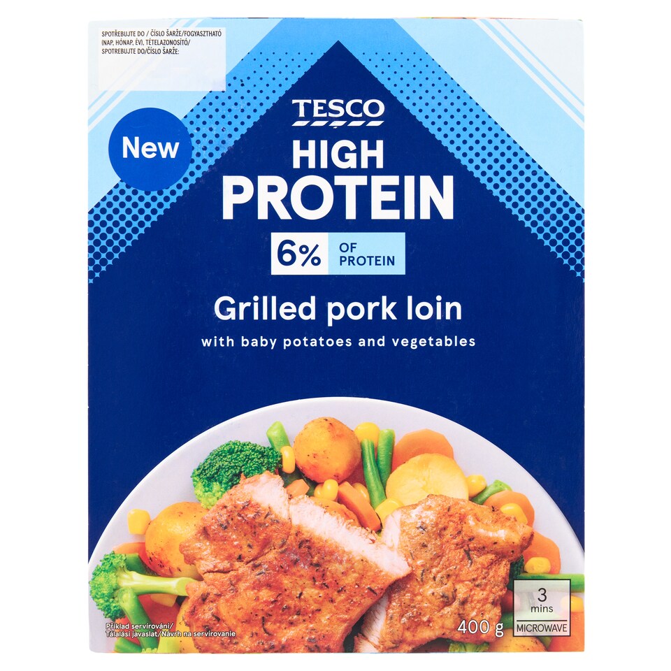 Tesco High Protein grilovaná vepřová pečeně s pečenými bramborami a dušenou zeleninou 400g