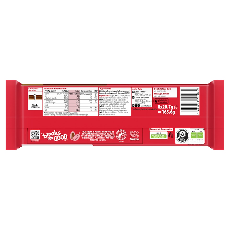 image 1 of Kit Kat 2 Finger Gingerbread Chocolate Bar Multipack, 8 Pack 20.7g
