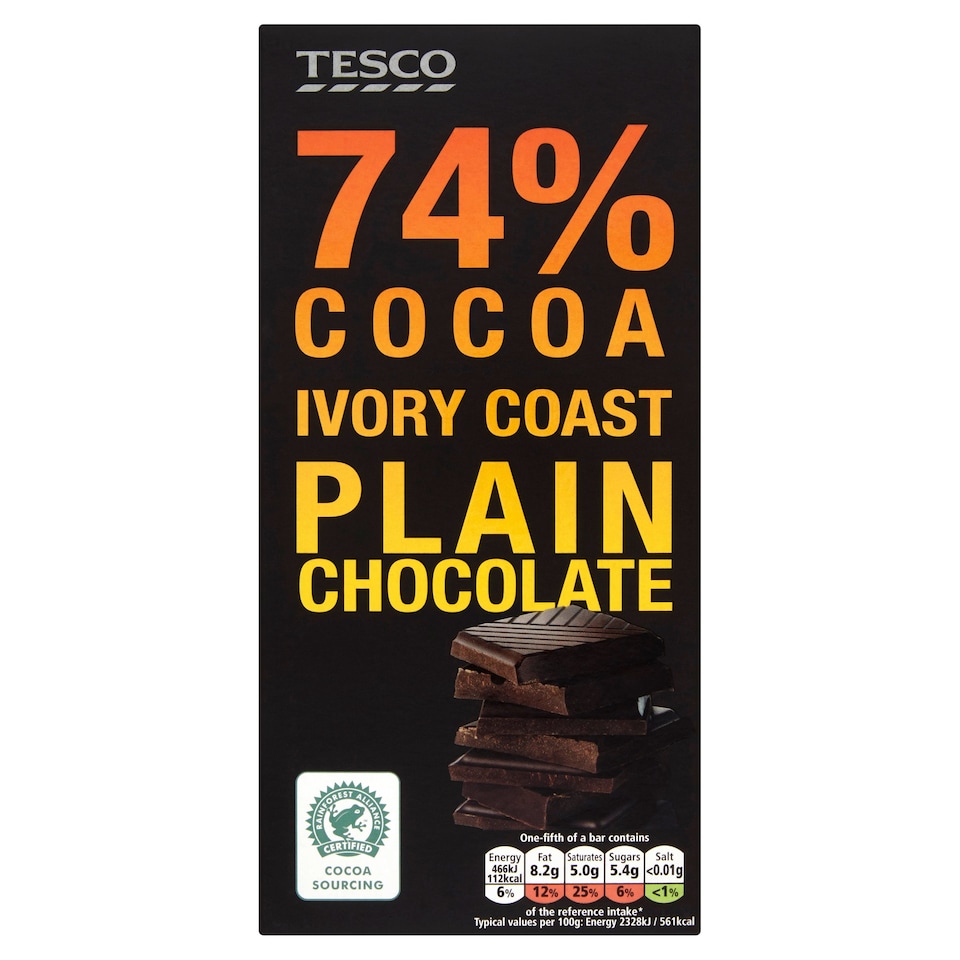 Tesco 74% Cocoa Ivory Coast Plain Chocolate 100G