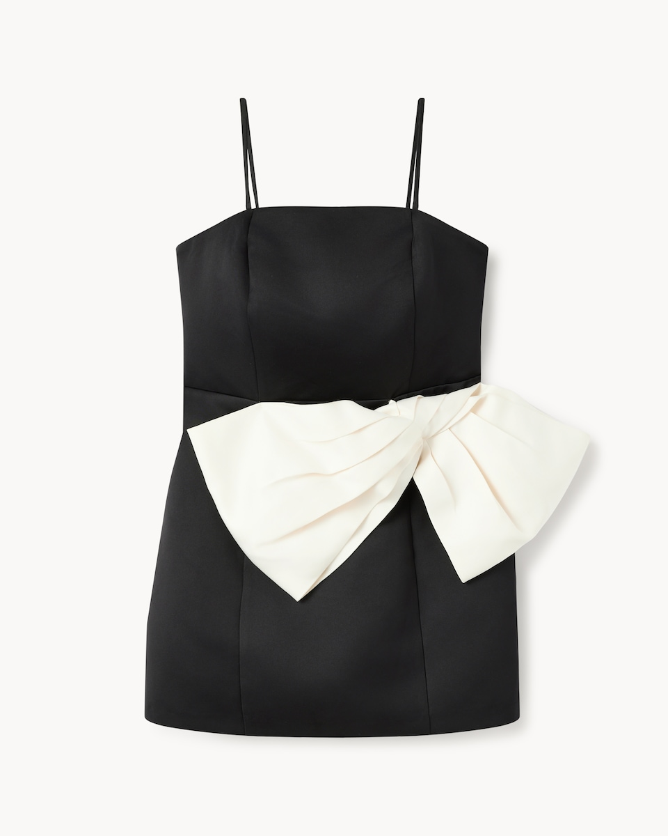 image 1 of F&F Satin Bow Bandeau Mini Dress in Black