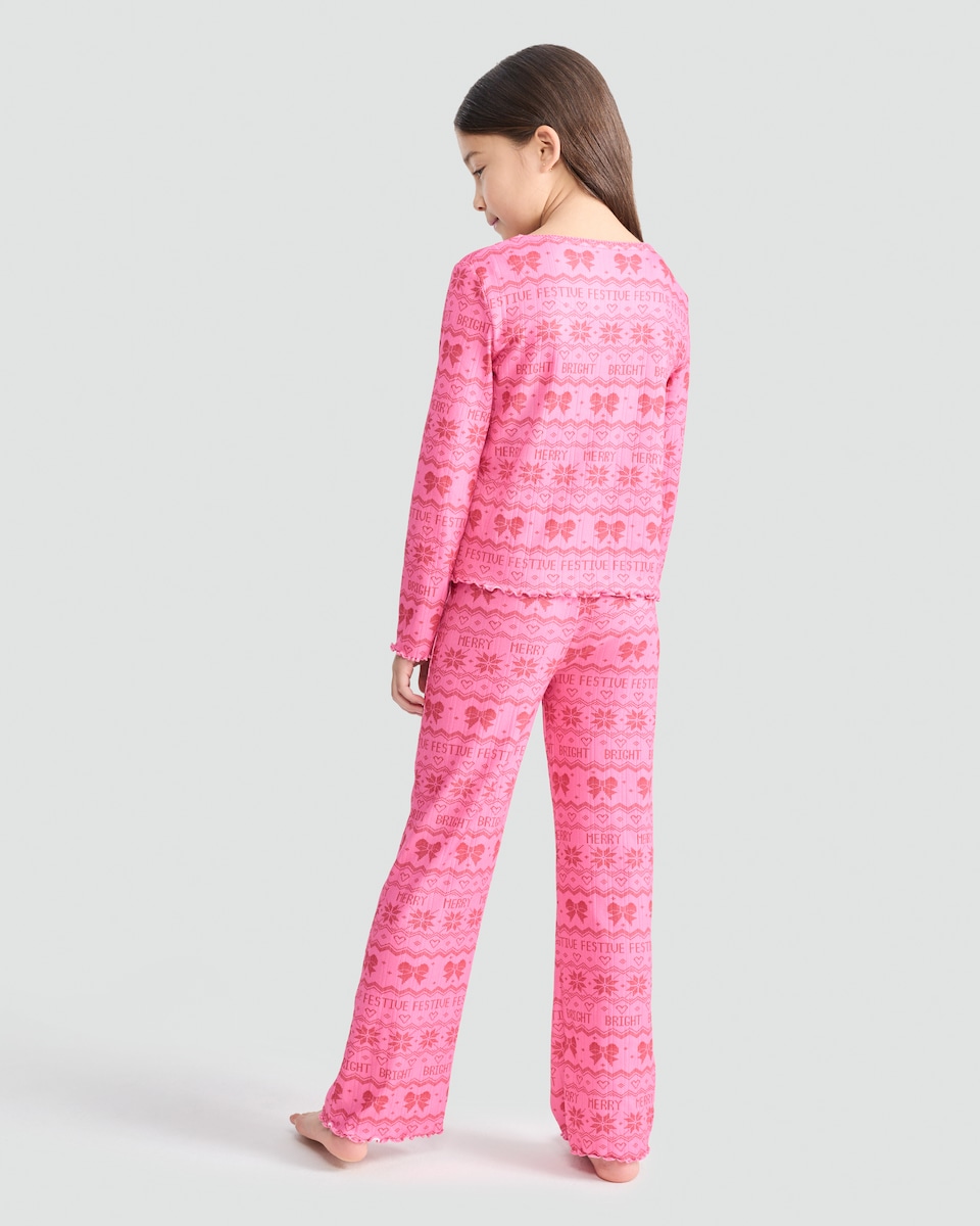 image 1 of F&F Girls 2- Piece Festive Merry and Bright Print Pyjamas in Red