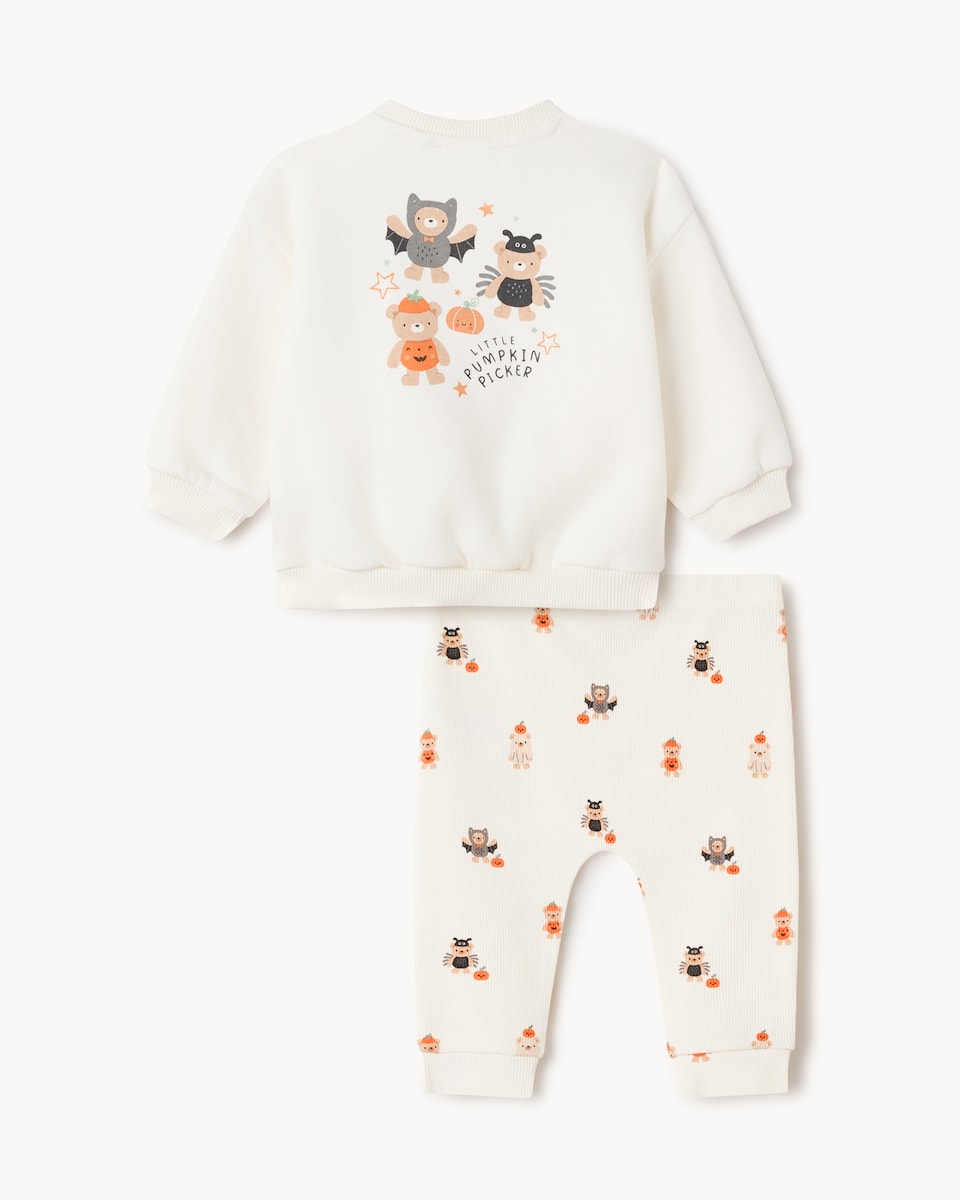 image 1 of F&F Baby Cotton Rich Bear Pumpkin Sweatshirt and Leggings Set in Ecru