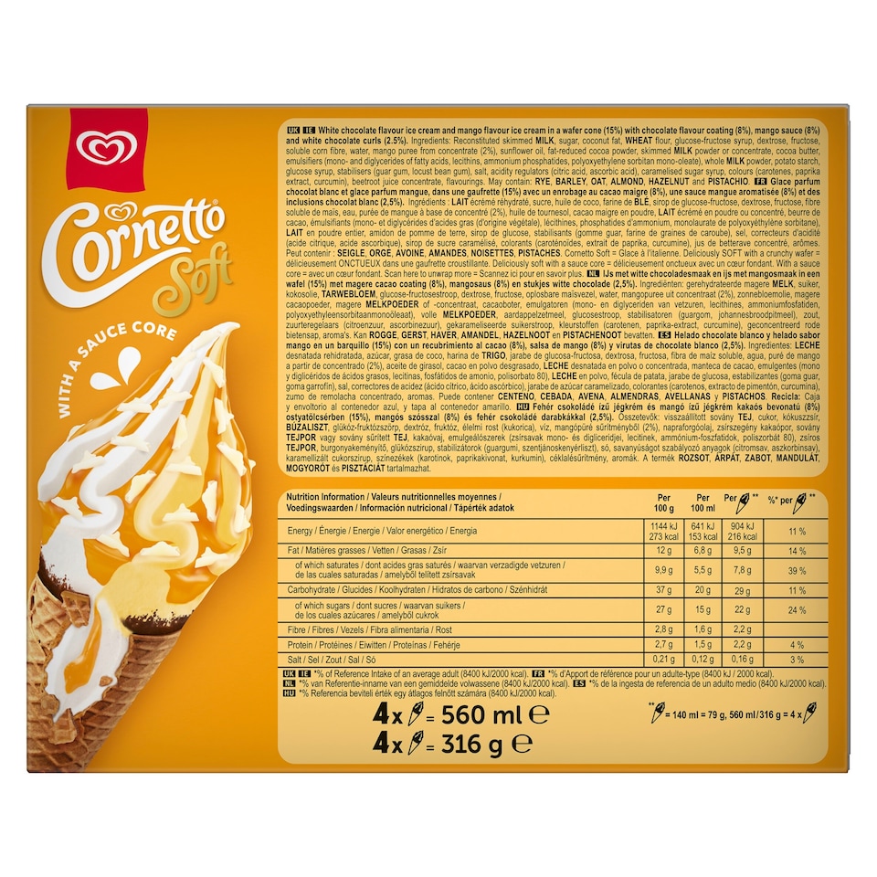 image 1 of Cornetto Soft Mango & White Chocolate  4 x 140ml