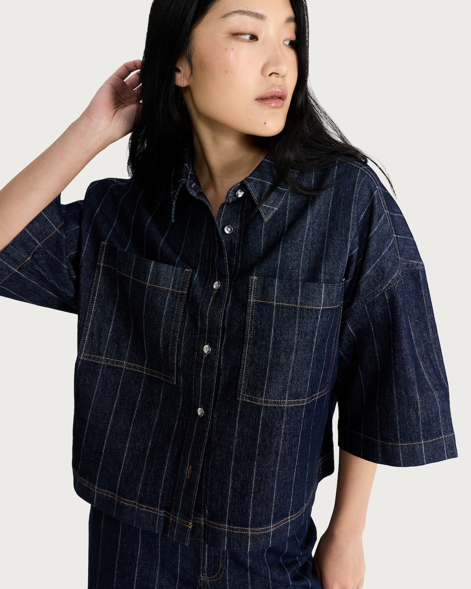 image 1 of F&F Cotton Rich Stripe Print Cropped Co-ord Shirt in Navy