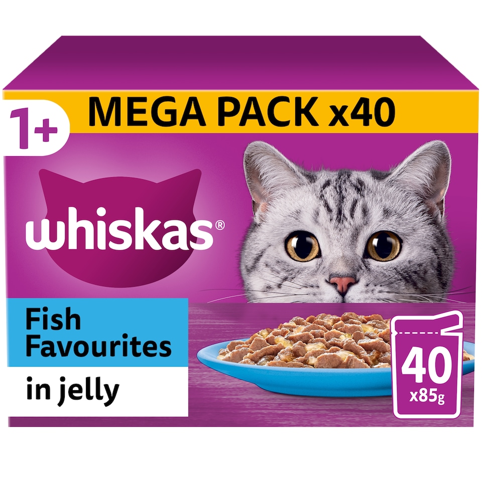 image 1 of Whiskas Adult Cat Food Pouches Fish Favourites in Jelly 40x85g