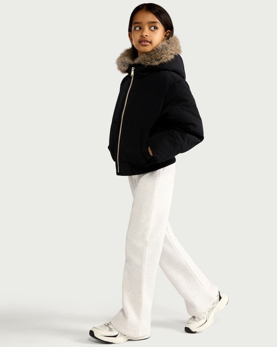 image 1 of F&F Girls Shower Resistant Faux Fur Trim Hooded Puffer Coat in Black
