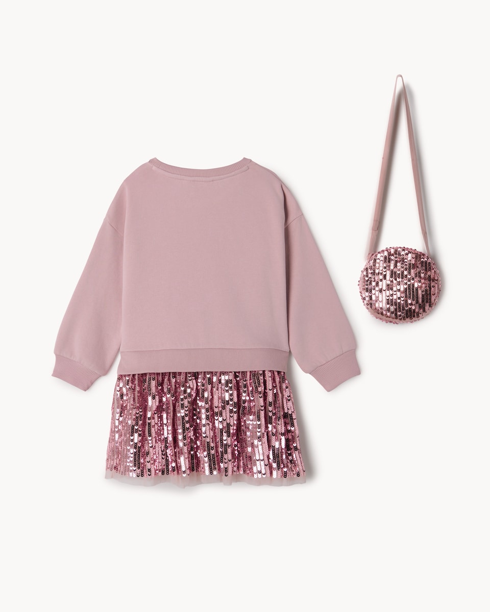 image 1 of F&F Girls Sequin Star Dress with Bag in Hot Pink