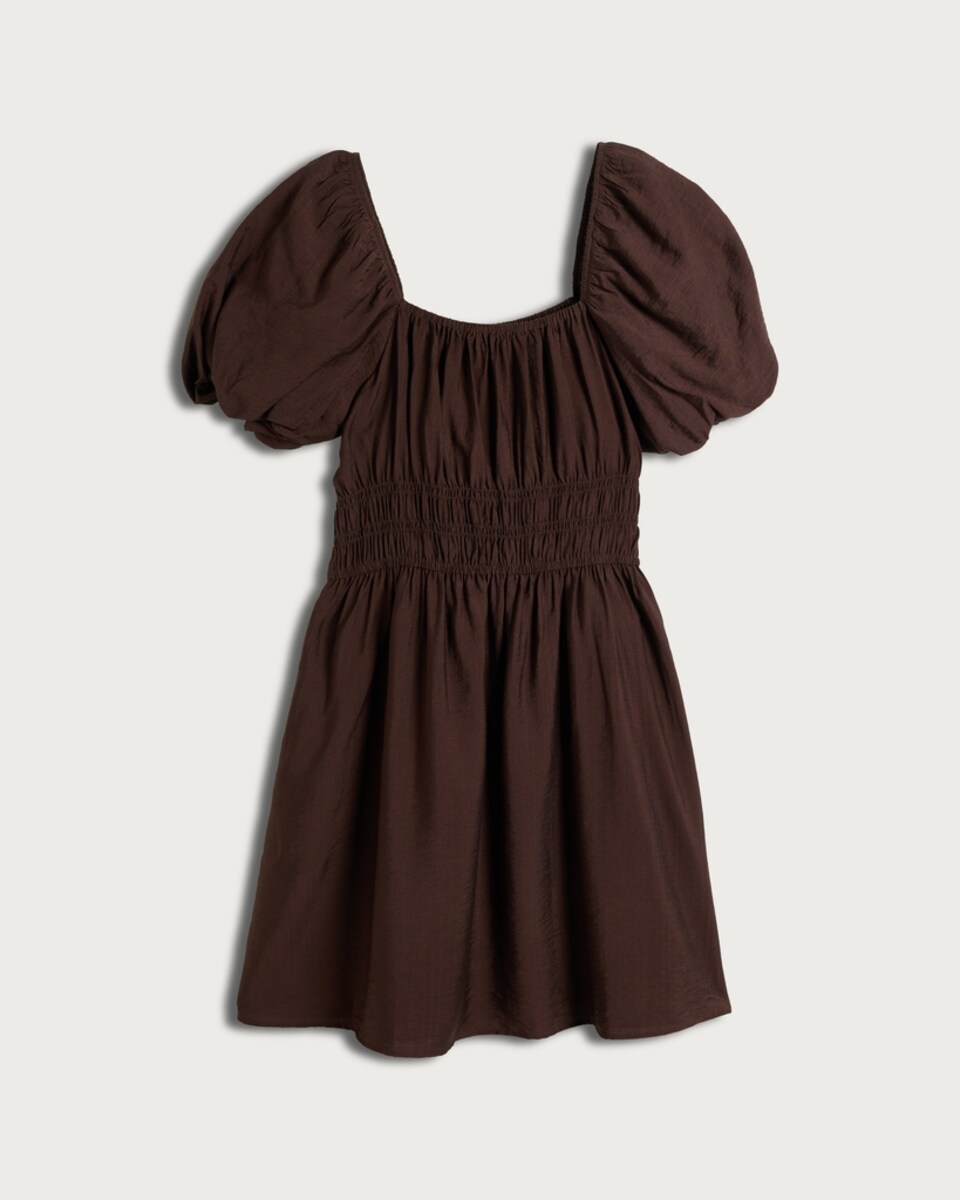 image 1 of F&F Smocked Puff Sleeved Mini Dress in Choclate