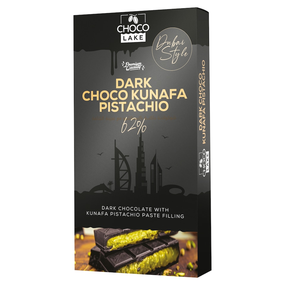 ChocoLake Tyčinka z hořké čokolády plněna pistáciovým krémem a praženými nitkami těsta kataifi 190g