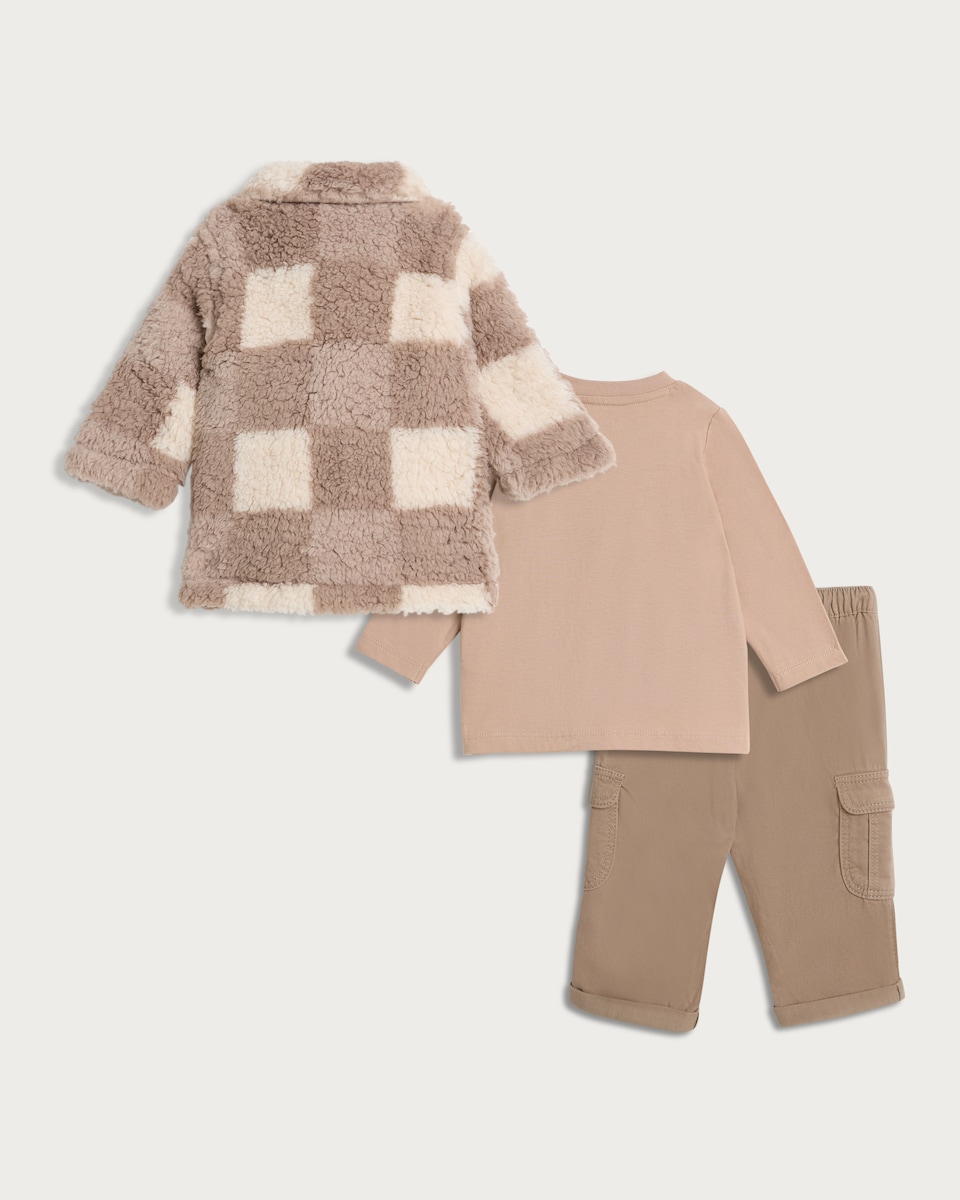 image 1 of F&F Baby 3-Piece Textured Jacket, Top and Cargo Trousers Set in Stone