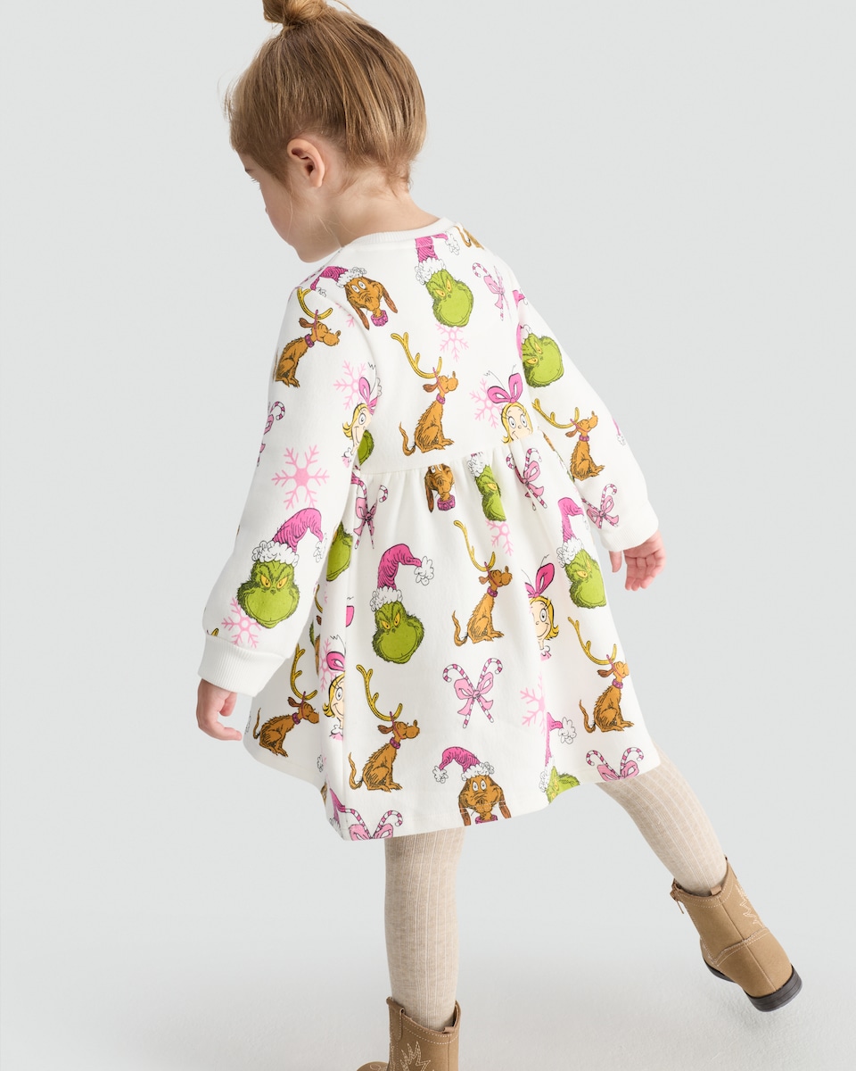 image 1 of The Grinch and Cindy Lou Who Print Cotton Rich Sweater Dress in Cream