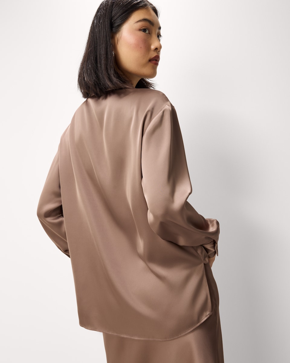 image 1 of F&F Satin Collared Oversized Co-ord Shirt in Mink