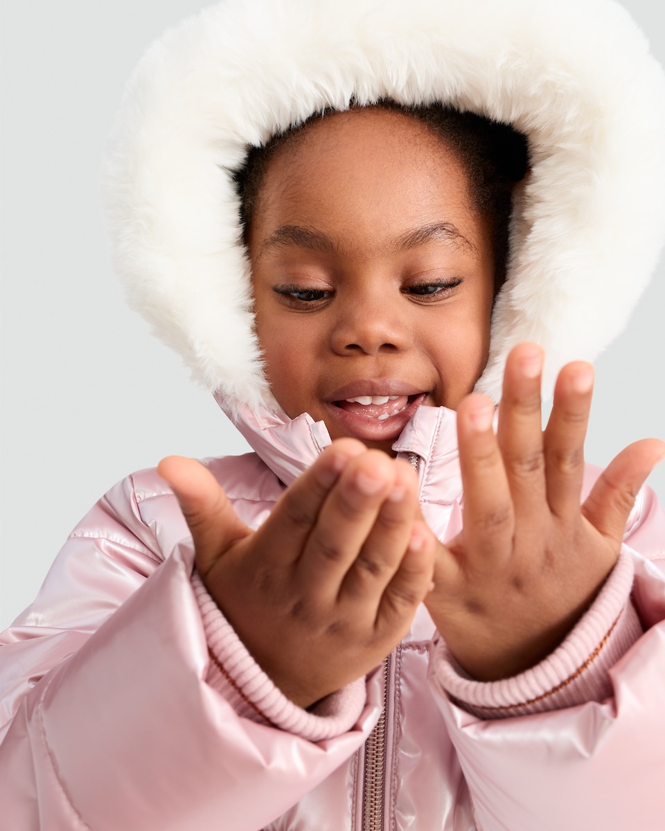 image 1 of F&F Girls Faux Fur Hood Bow Detail Longline Puffer Coat in Pink
