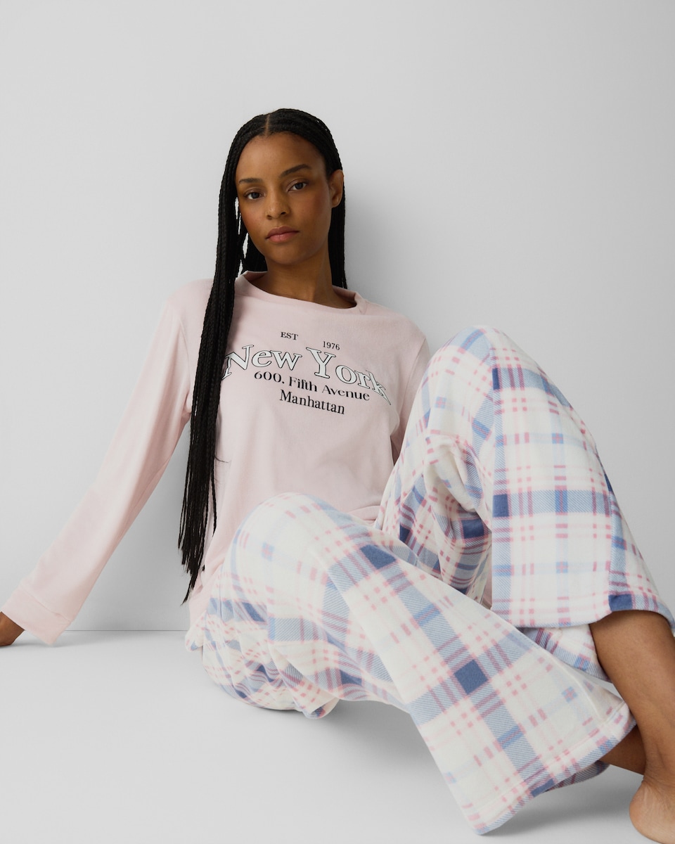 image 1 of F&F Fleece New York Checked Pyjama Set in Multi Pink