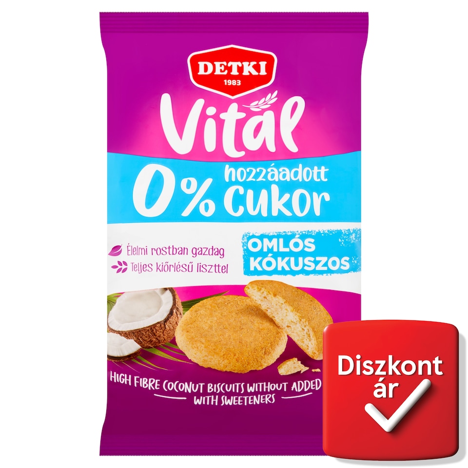 Detki Vitál kókuszos omlós keksz, cukor hozzáadása nélkül, édesítőszerekkel 180 g  1. kép