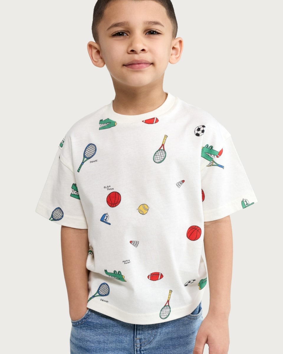 image 1 of F&F Boys Pure Cotton Sports Print T-Shirt in Cream