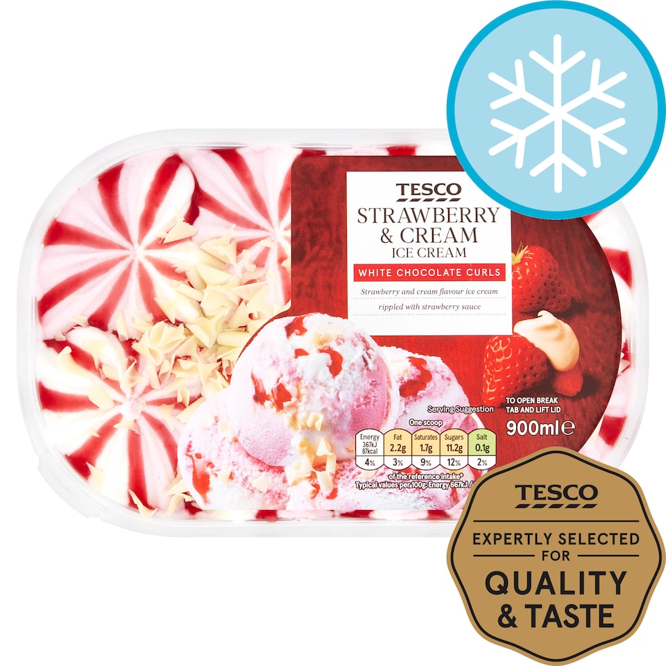 image 1 of Tesco Strawberry & Cream Ice Cream Tub 900Ml