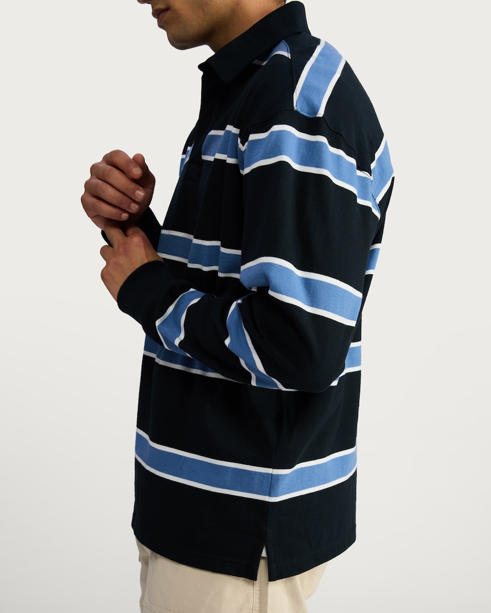 image 1 of F&F Pure Cotton Striped Long Sleeved Rugby Polo Shirt in Navy