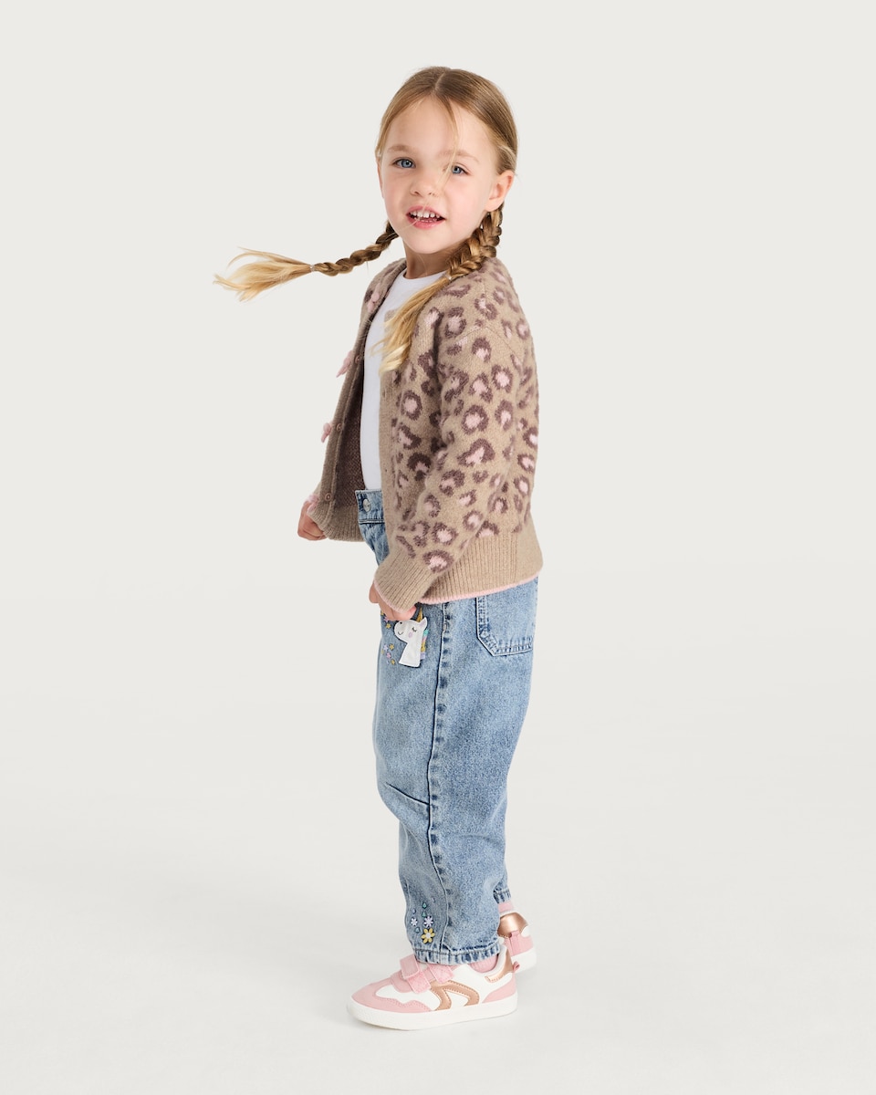 image 1 of F&F Girls Leopard Print Bow Cardigan in Brown