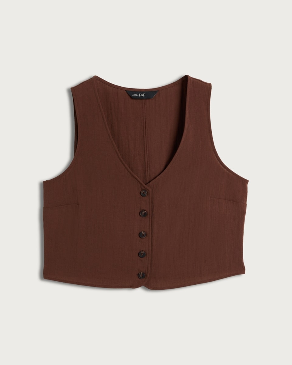 image 1 of F&F Button Front Sleeveless Co-ord Waistcoat in Brown