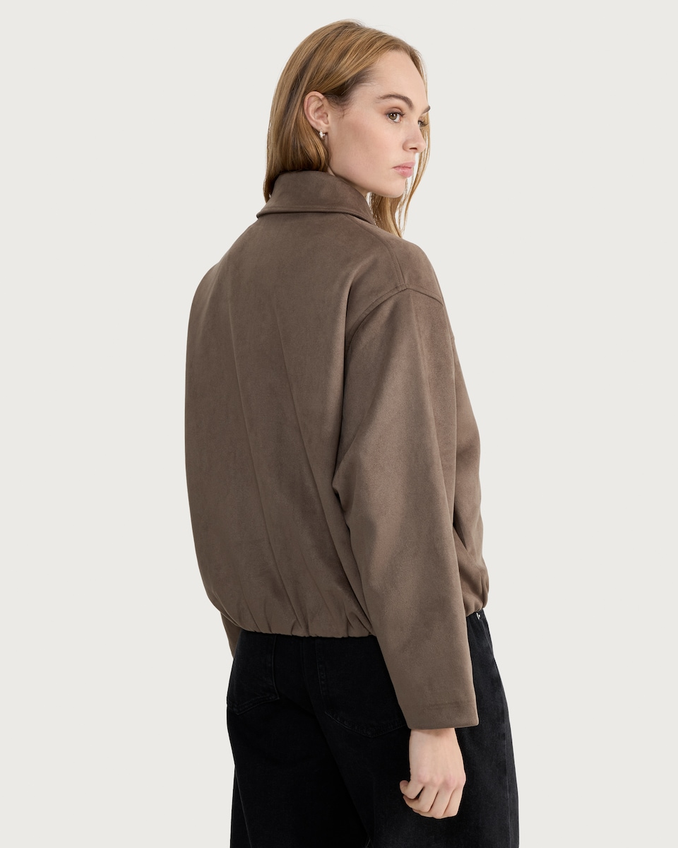 image 1 of F&F Faux Suede Bubble Hem Zip Up Jacket in Khaki