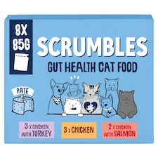 Scrumbles Gut Friendly Cat Food Pate Selection with Chicken Turkey & Salmon 8x85g