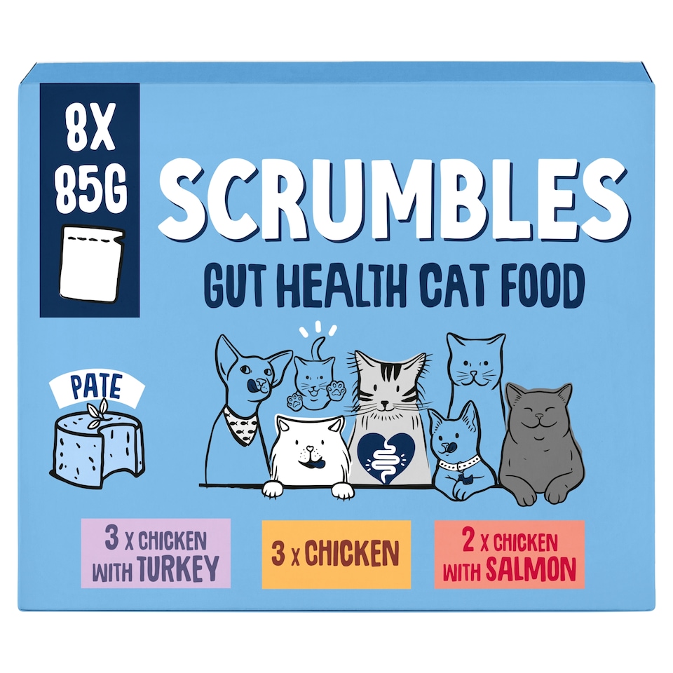 Scrumbles Gut Friendly Cat Food Pate Selection with Chicken Turkey & Salmon 8x85g