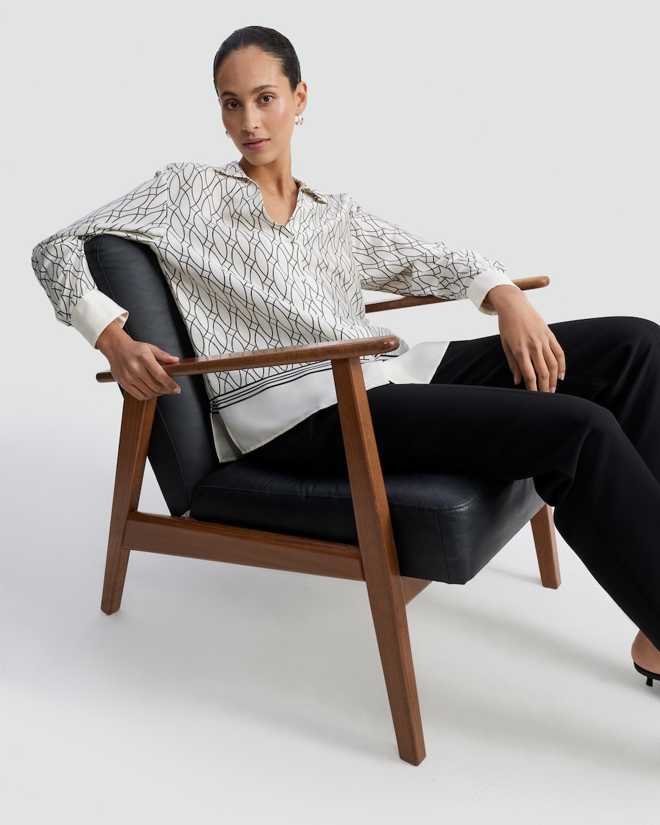 image 1 of F&F Satin Geometric Print Button Up Shirt in Cream