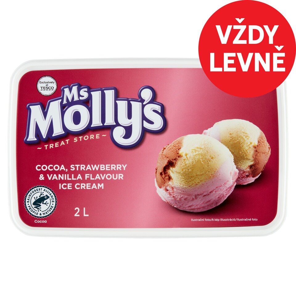 Ms Molly's Mražený krém s kakaovou příchutí, jahodovou příchutí a vanilkovou příchutí 2l