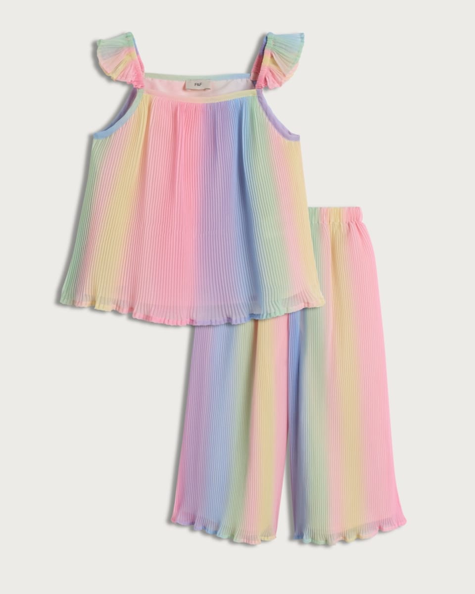 image 1 of F&F Girls 2-Piece Plisse Pleated Rainbow Vest and Trousers in Multi