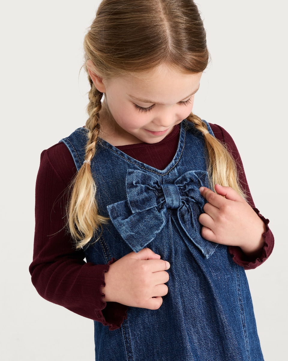 image 1 of F&F Girls 2-Piece Pure Cotton Denim Bow Dress and T-Shirt Set in Multi Blue