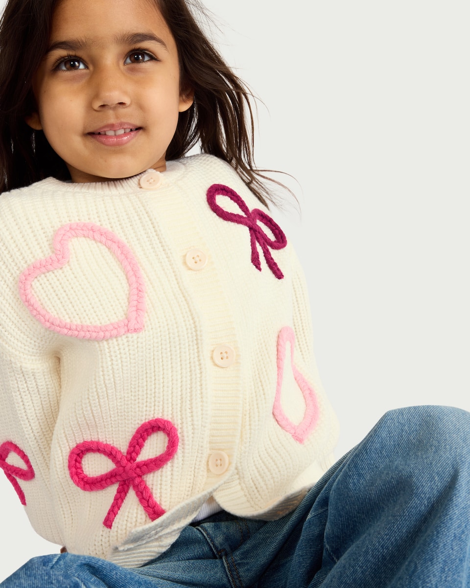 image 1 of F&F Girls Ribbed Bow Cardigan in Cream