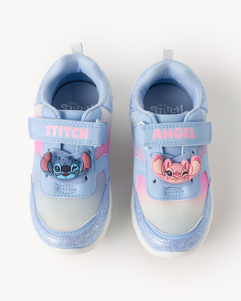 image 1 of Disney Stitch & Angel Glitter Touch Strap Fastening Trainers in Blue