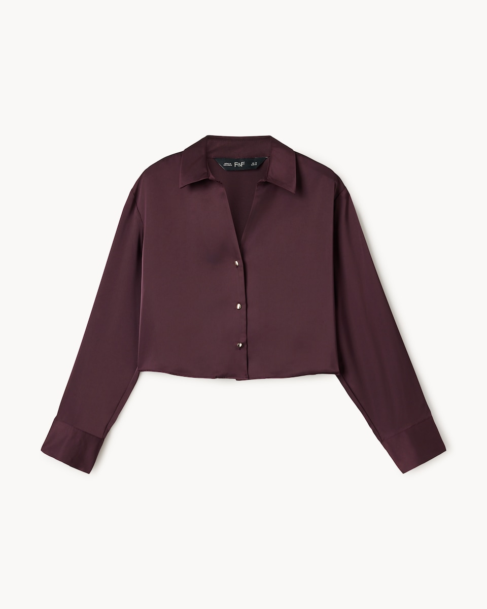 image 1 of F&F Satin Cropped Shirt in Burgundy