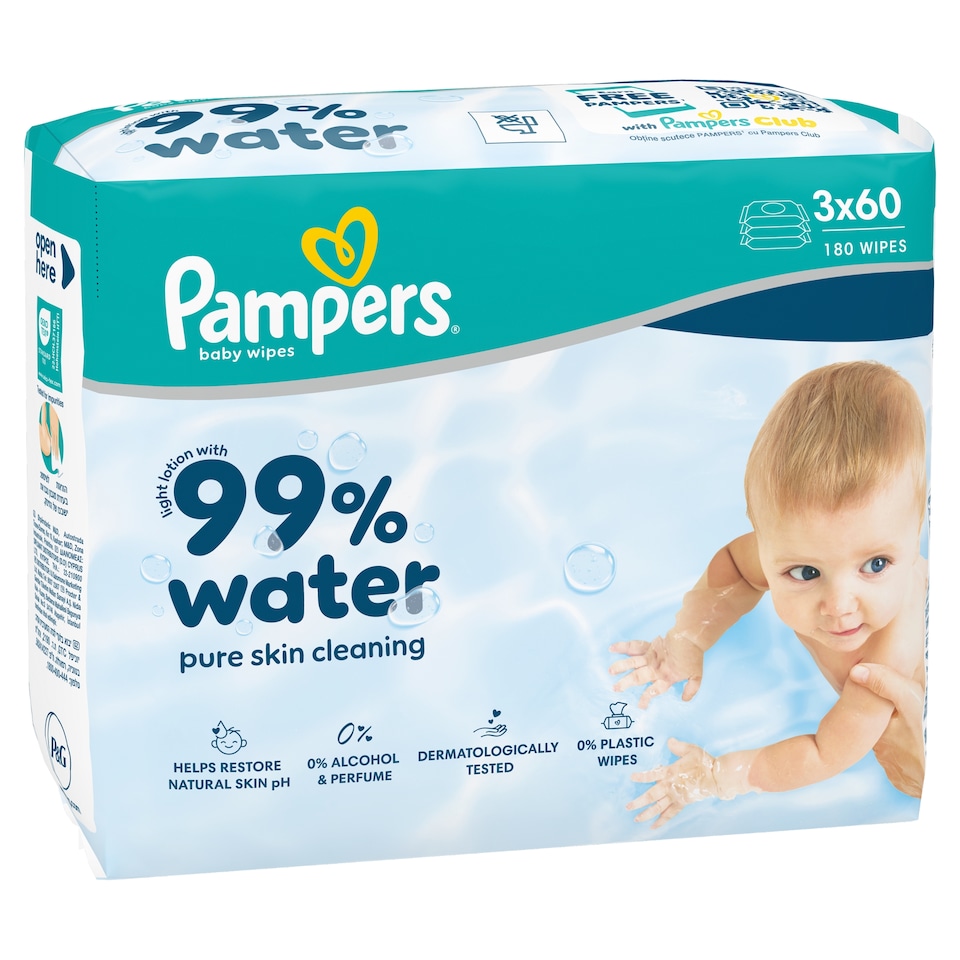 image 1 of Pampers 99% Water Baby Wet Wipes, 3 Packs of 60 Wipes = 180 Baby Wet Wipes