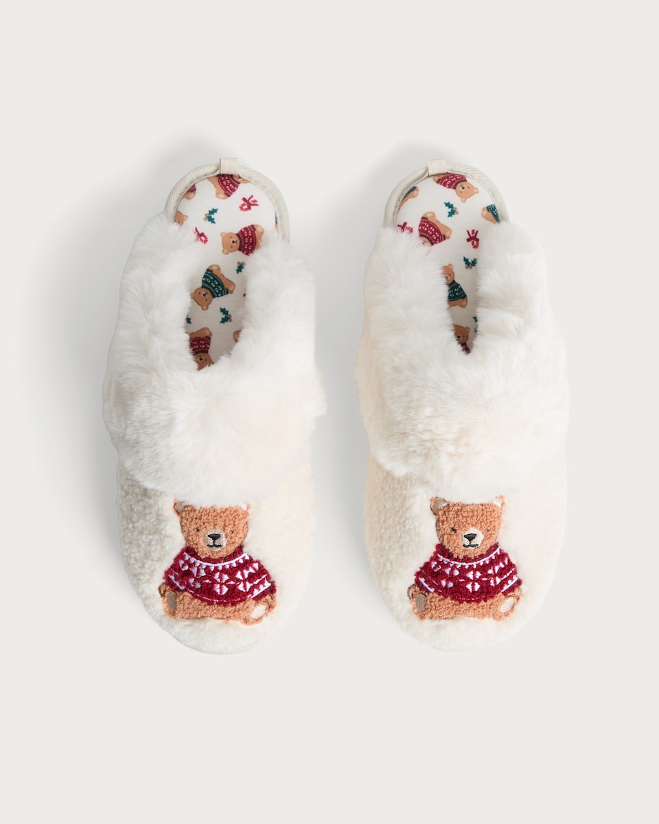 image 1 of F&F Teddy Bear Embroidered Matching Family Slippers in Cream