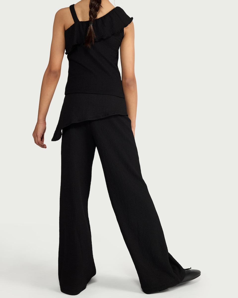 image 1 of F&F Girls Crinkle Textured Wide Leg Trousers in Black