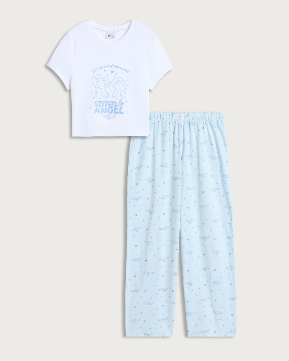 image 1 of Disney Stitch Ribbed T-Shirt and Bottoms Pyjama Set in Multi Blue