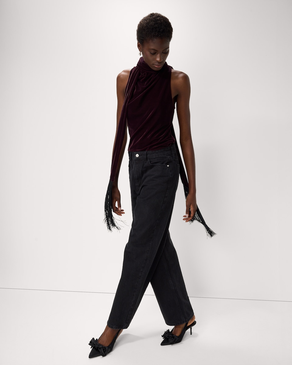 image 1 of F&F Velvet Fringed Halter Neck Top in Burgundy