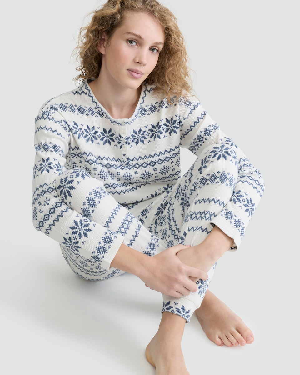 image 1 of F&F Fair Isle Print Top and Joggers Pyjamas in Cream