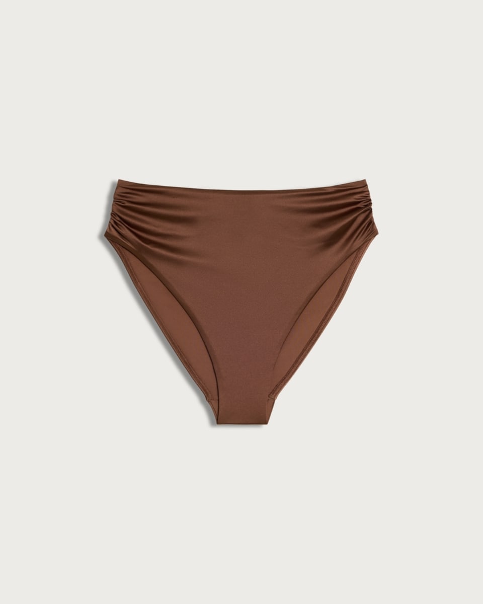 image 1 of F&F High Shine Ruched High Waisted Bikini Bottoms in Brown