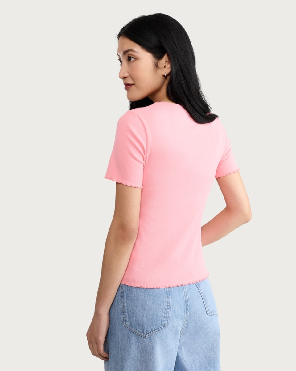 image 1 of F&F Cotton Rich Lettuce Edge T-Shirt in Pink